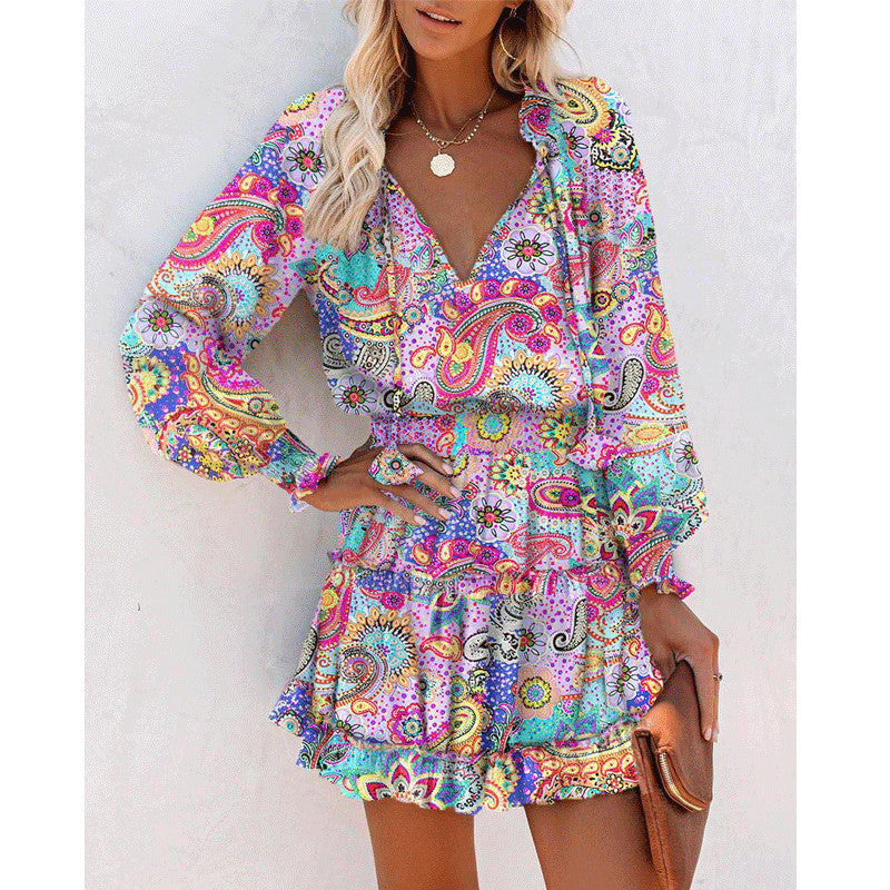 Flowers Print Long Sleeve Dress Fashion