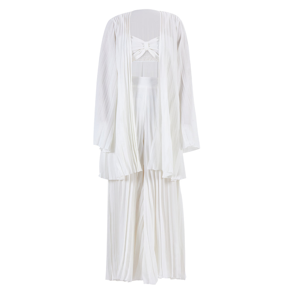 White Pleated Vest Cardigan Three-piece Wide-leg Pants Suit