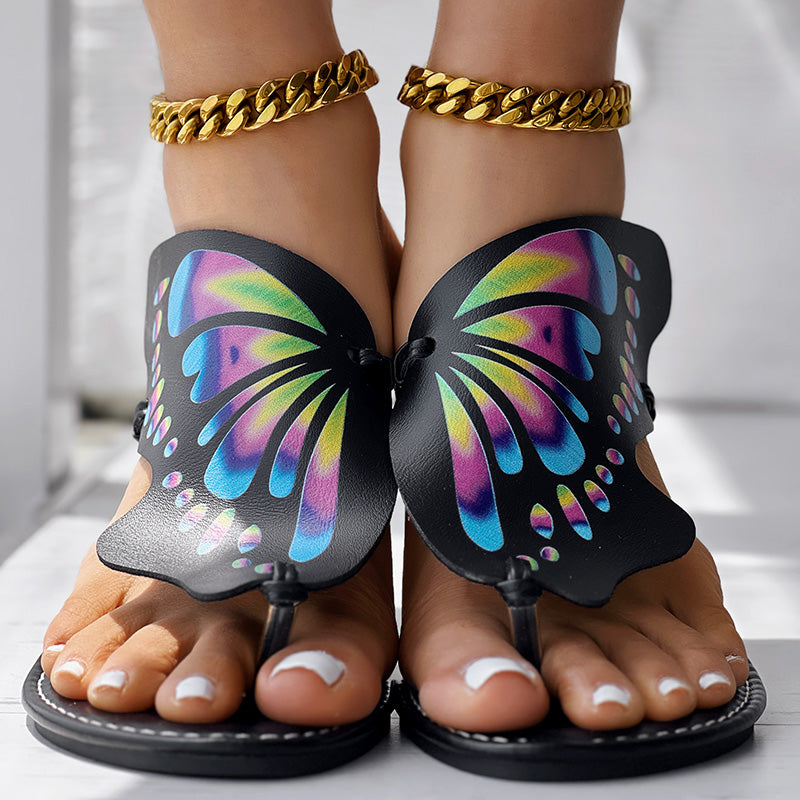 Women’s butterfly print flip flops, comfortable casual summer beach wear.