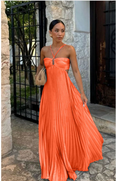 Pleated Hollow Halter Dress