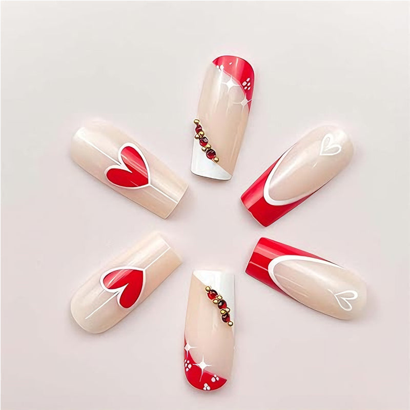 24pcs Red White Heart Nails