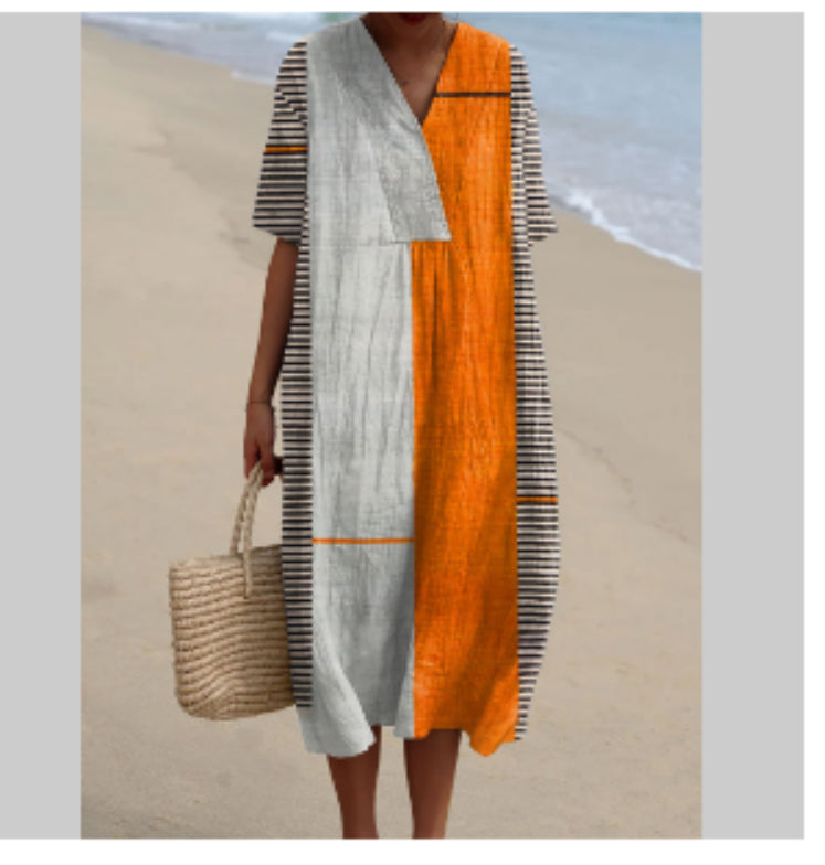 Women's Cotton And Linen Solid Color And V-neck Fashion Style Dress