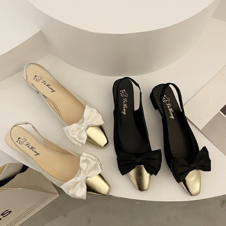 Vintage-Inspired Bow Slingback Heels With Metallic Cap Toe For Women