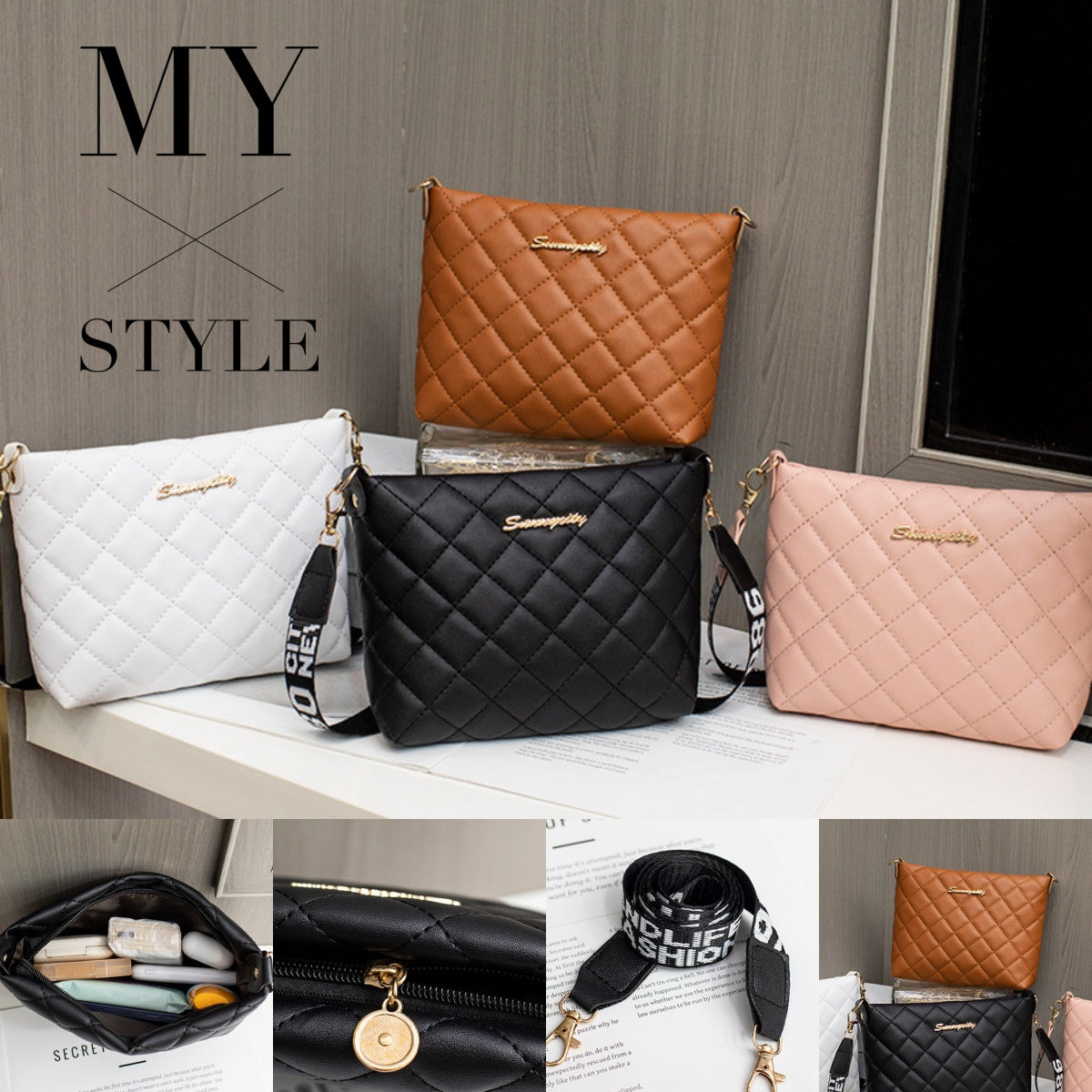 Women’s small quilted chain crossbody bag, trendy shoulder style.