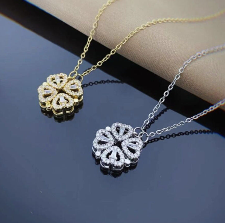 Folding Heart Shaped Four Leaf Clover Pendant Necklace Women