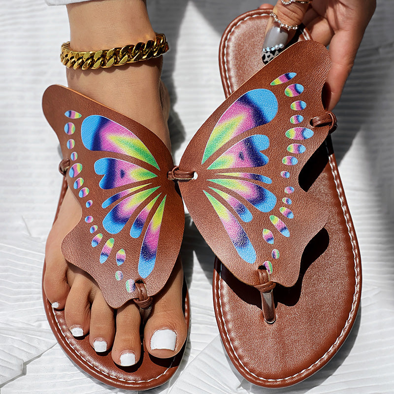 Women’s butterfly print flip flops, comfortable casual summer beach wear.
