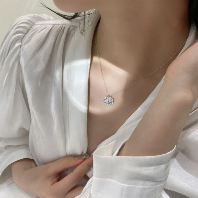 Folding Heart Shaped Four Leaf Clover Pendant Necklace Women