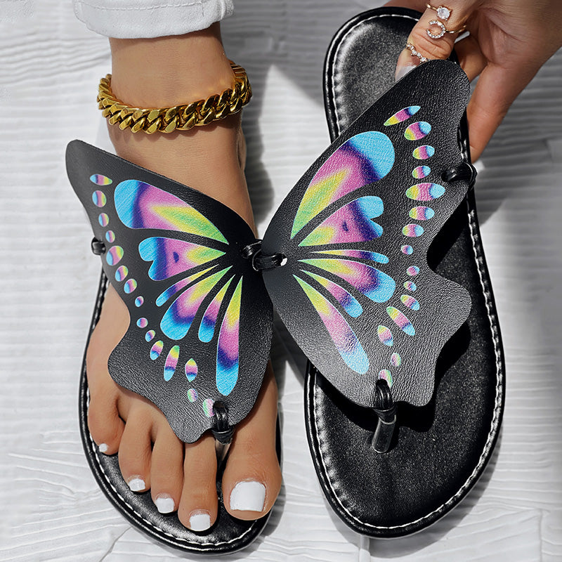 Women’s butterfly print flip flops, comfortable casual summer beach wear.