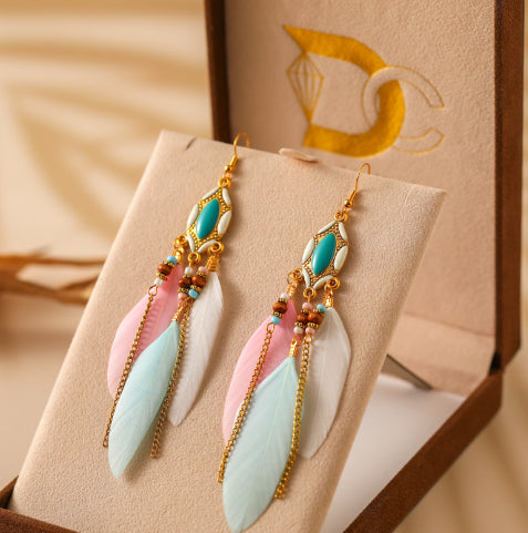 Creative Retro Tassel Feather Earrings Women's Long Oil Dripping