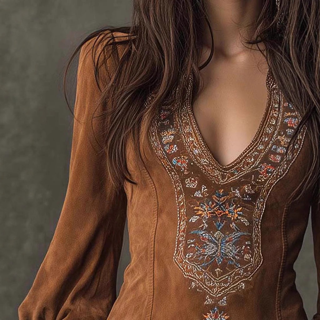 Women's Clothing Long Sleeve V-neck Sexy Dress Embroidery