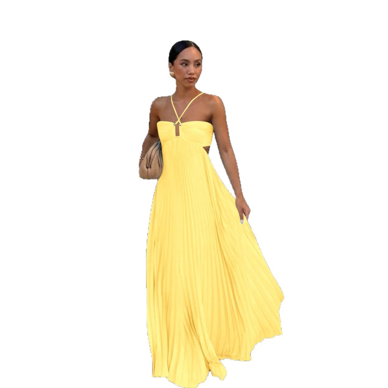 Pleated Hollow Halter Dress