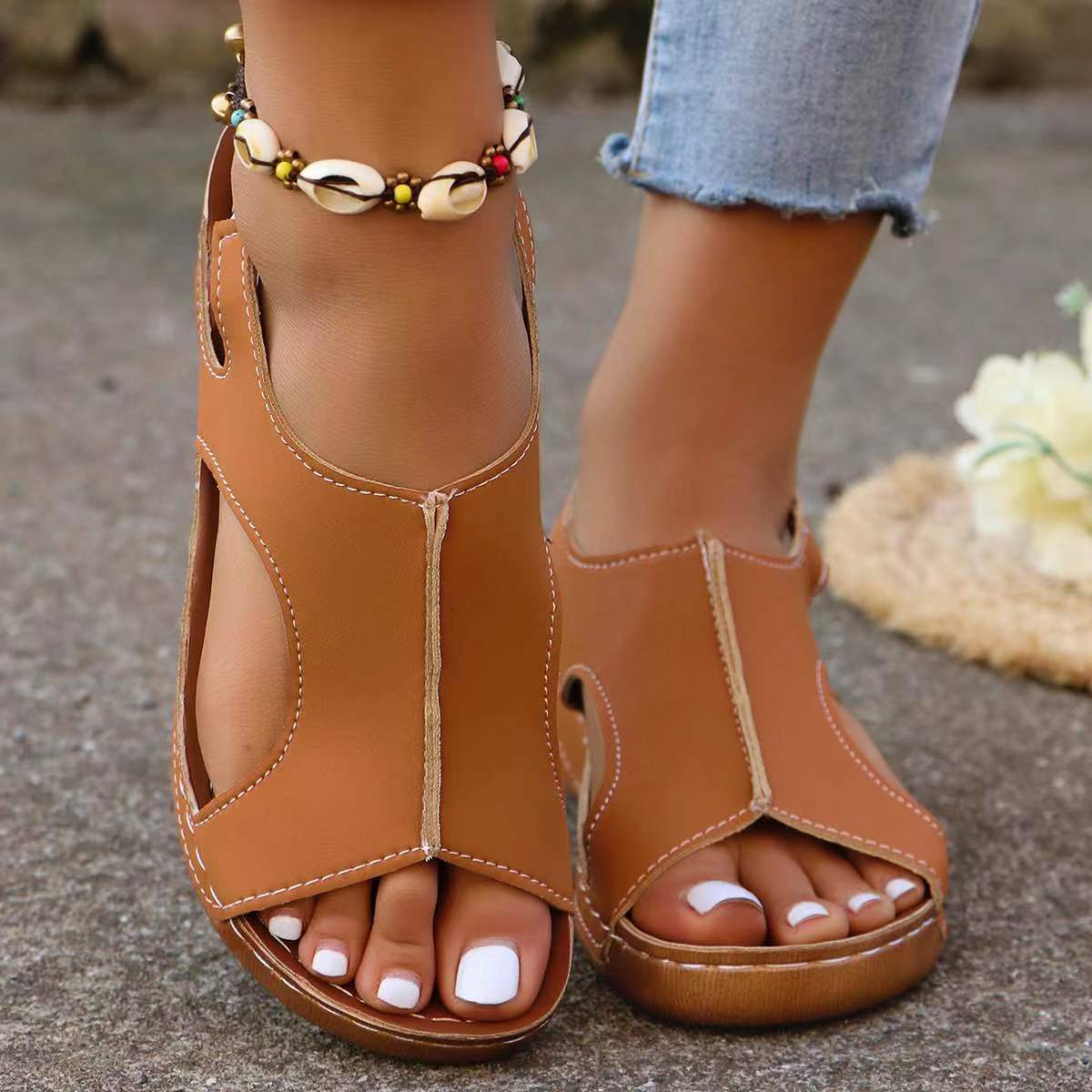Women’s elastic band wedge sandals with peep toe, casual summer style.