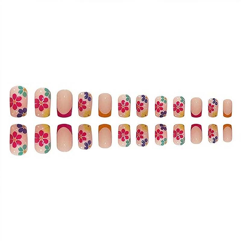 24 PCS Press On Nails Short Square Fake With Nail Glue French False Flower Designs Acrylic Artificial Full Cover Stick For Women