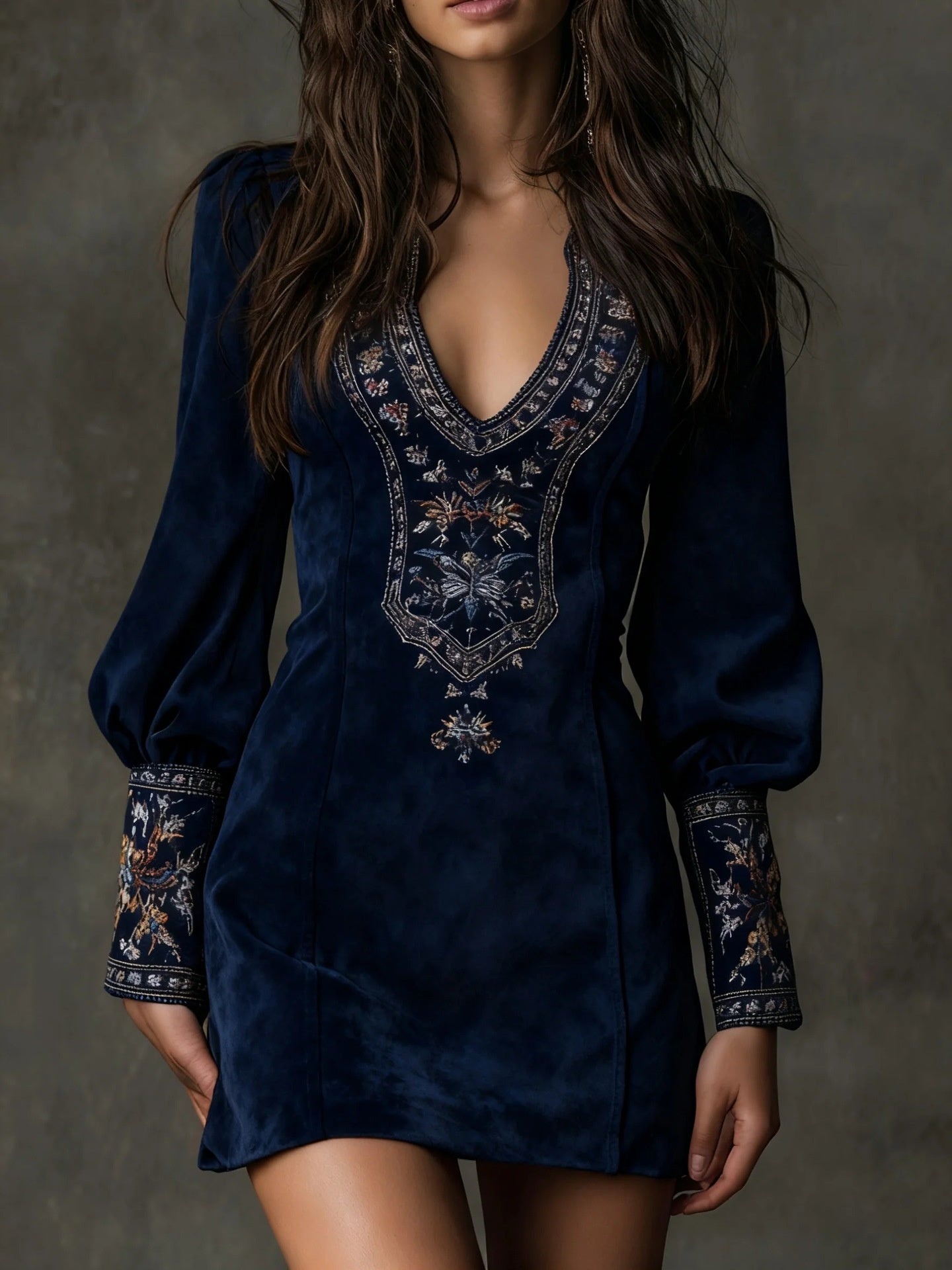 Women's Clothing Long Sleeve V-neck Sexy Dress Embroidery