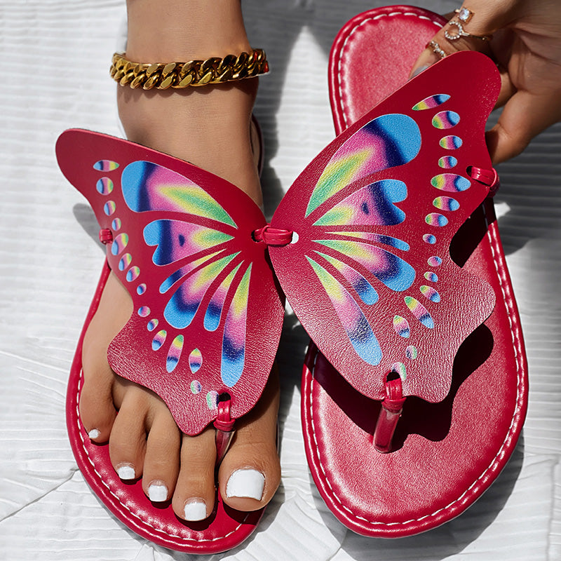 Women’s butterfly print flip flops, comfortable casual summer beach wear.
