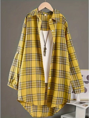 Oversized Long-Sleeve Plaid Top