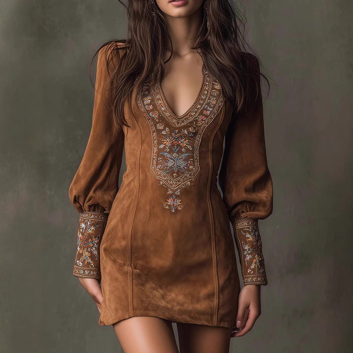 Women's Clothing Long Sleeve V-neck Sexy Dress Embroidery