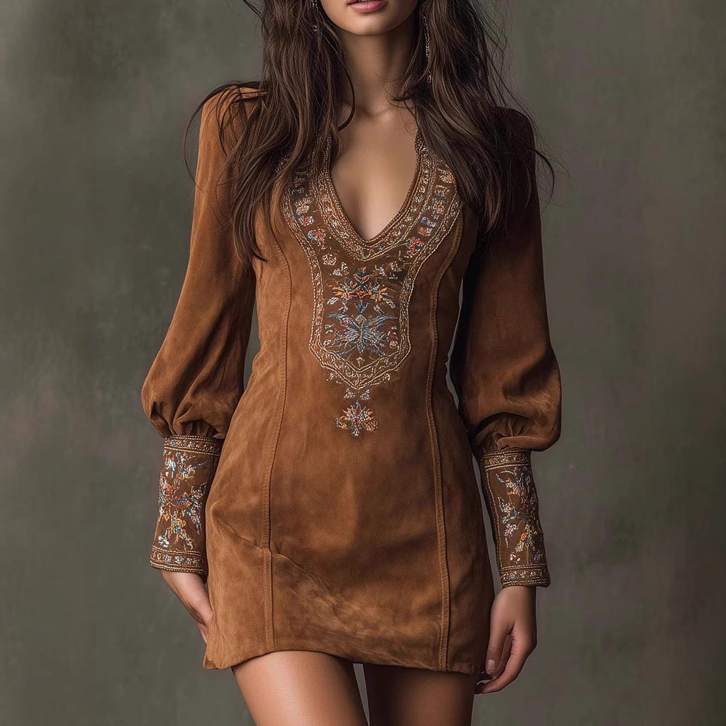 Women's Clothing Long Sleeve V-neck Sexy Dress Embroidery