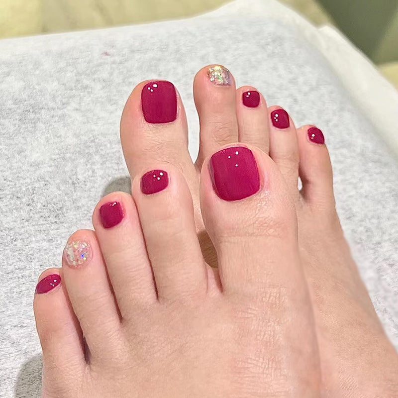 Rose Red Glitter Toenails