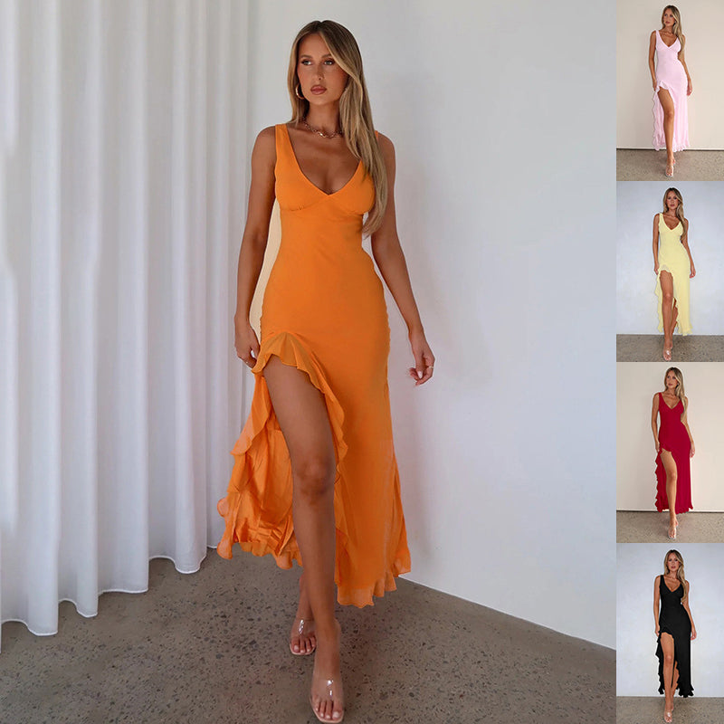 Ruffle V-Neck Split Dress