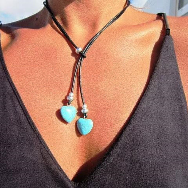 Turquoise Double Layer Flanelle Rope Necklace Artistic Retro