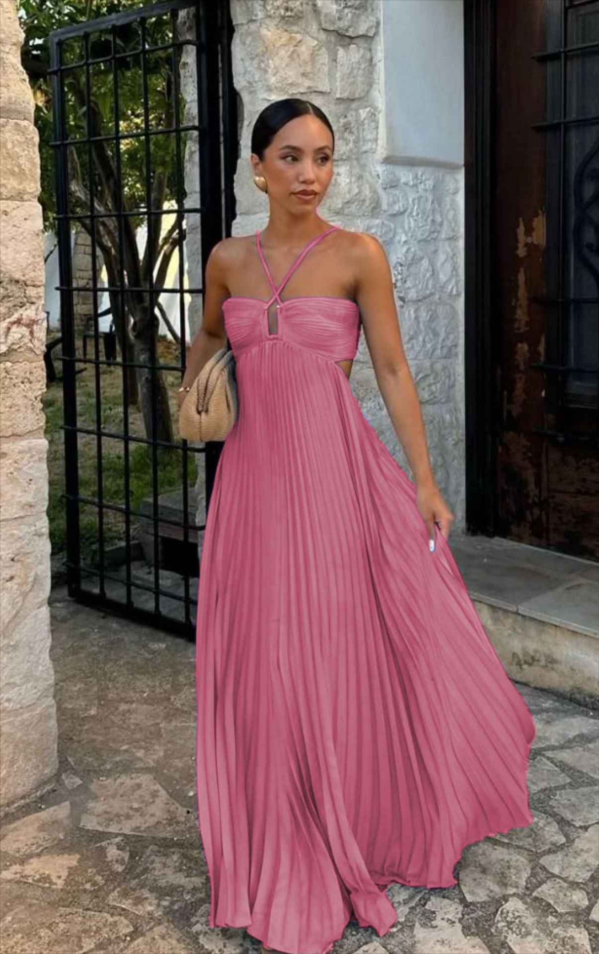 Pleated Hollow Halter Dress